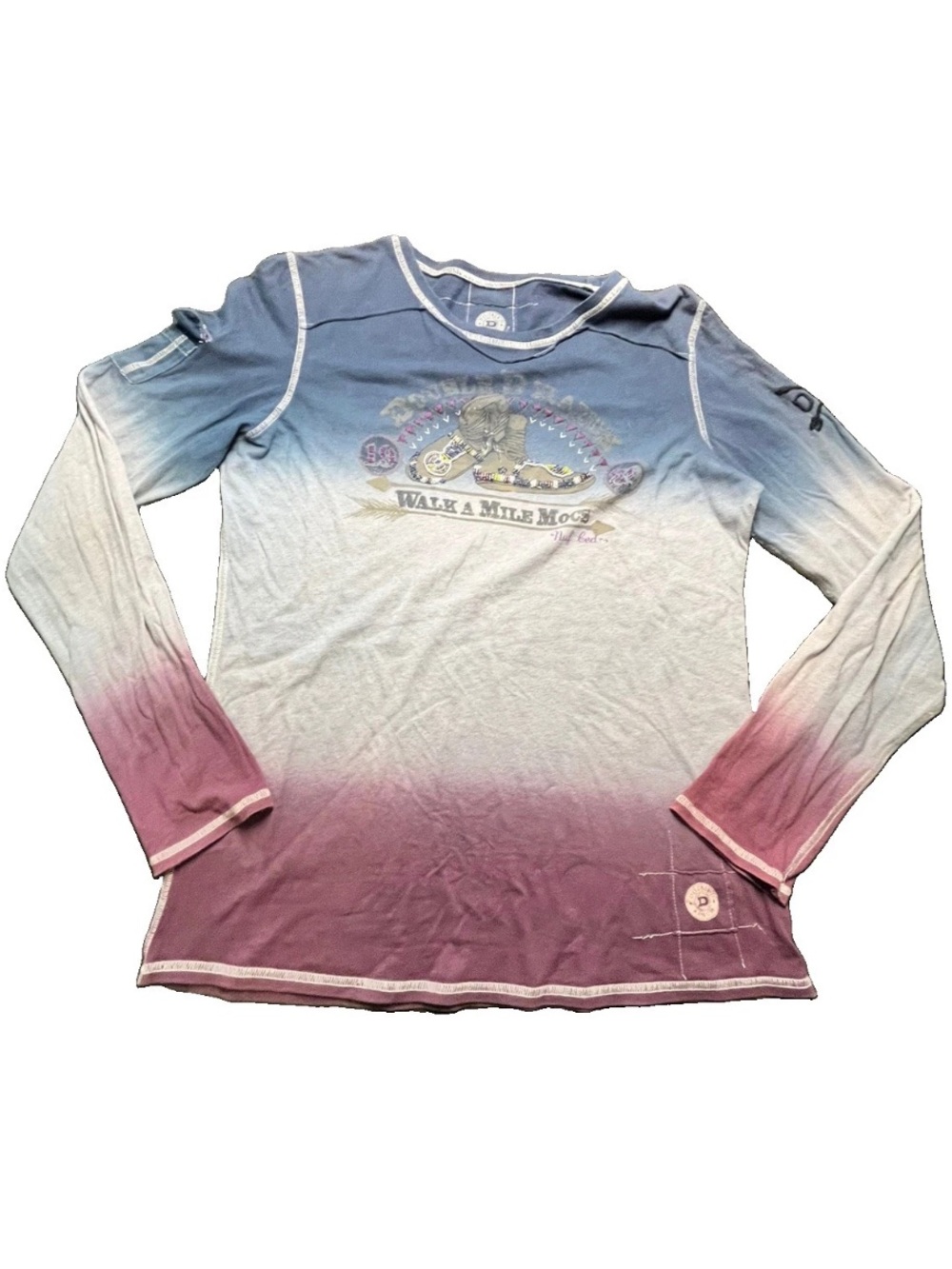 Double D Ranch Women XL Blue Gray Purple Ombre V-Neck Beaded Graphic T-Shirt, XL